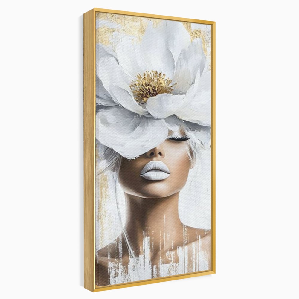 Tablou canvas cu tablou canvas cu portret de femeie si magnolie, in rama de aluminiu auriu
